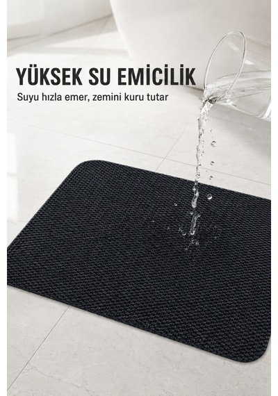Yıkanabilir Banyo Paspası Kaymaz Taban Su Emici Duş Önü Lavabo Önü Tuvalet Önü Banyo Halısı 40x60 Cm Siyah