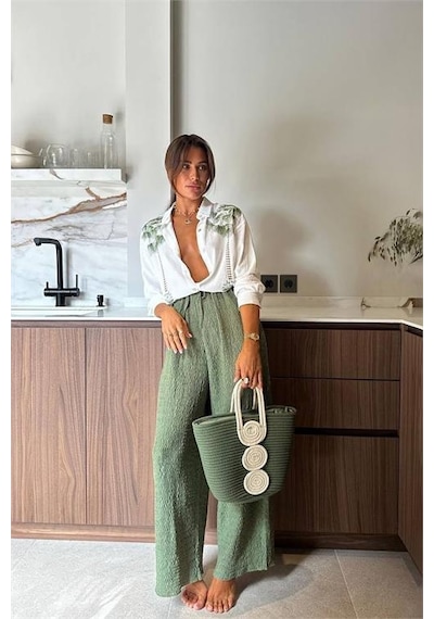 Neşeli Butik Kadın Nakış Detaylı Gömlek Pantolon İkili Keten Takım Nbemp2514 Yeşil