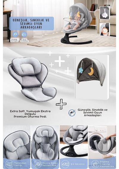 Kiwi Eggy Plus Elektrikli Otomatik Sallanan Bebek Ana Kucağı, 5 Farklı Sallanma Hızı, Oyuncaklı Gümüş
