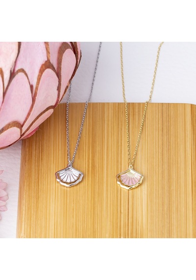 Deniz Kabuğu Model Pembe Mineli Gold Rengi 925 Ayar Gümüş Kadın Kolye Gold