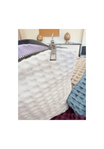 Fermuarlı Waffle Makyaj Temizleme Çantası + 2'li Yıkanabilir %100 Pamuk Ped Seti Beyaz