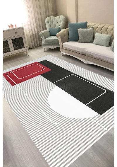Alanur Kaymaz Yıkanabilir Dijital Baskılı Salon Halısı Trend Geometrik Al4052 Siyah