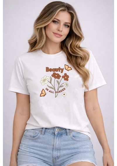 Herkesemoda Beauty Baskı Detaylı Basic T-shirt Beyaz