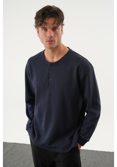 Redline Taren Oversize Erkek Kışlık Düğmeli Sweatshirt Lacivert