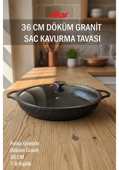 36 Cm Büyük Boy Döküm Granit Fırına Girebilir Kapaklı Sac Kavurma Tavası Siyah