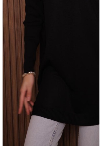Balenbi Kadın Dik Yaka Basic 80cm Salaş Oversize Triko Tunik 1145 Siyah