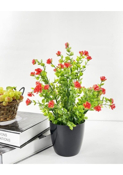 Yapay Çiçek Siyah Saksıda Kırmızı Mineli Şimşir Büyük Boy 33X25 C