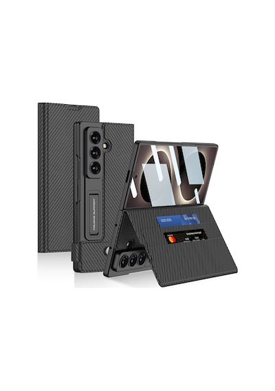 Galaxy Uyumlu Z Fold 8 Ultra Suni Deri Tasarımlı Kıpta Kartlıklı Standlı Kılıf Siyah Karbon