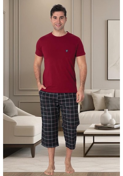 Mecit Pijama Mecit 2911 Bordo Ekoseli Erkek Büyük Beden Kapri Pijama Takımı 001