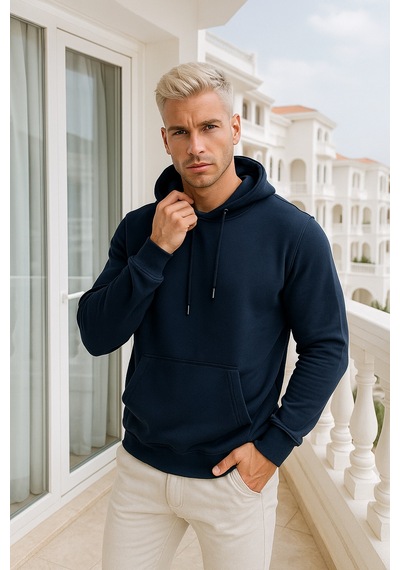 Rich Erkek Lacivert Pamuklu Cep Detaylı Kapüşonlu Sweatshirt Lacivert