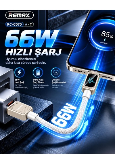Remax Suxien Serisi Rc-c070-b 66w Akıllı Dijital Ekranlı Usb-a To Type-c Hızlı Şarj Ve Data Kablosu 1.2 Metre Beyaz