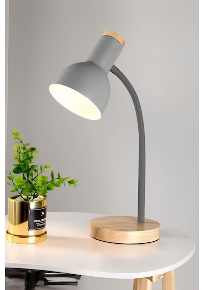 Usb Led Masa Lambası Gri Ahşap Tabanlı Modern Dekoratif, Şık Esnek Boyunlu Ofis Ve Çalışma Lambası Gri