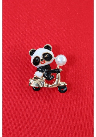 Bir Tutam Neşe Motorlu Yavru Panda Broş Taşlı İncili Gold Siyah Beyaz Pandalı Kadın Yaka İğnesi Siyah - Beyaz