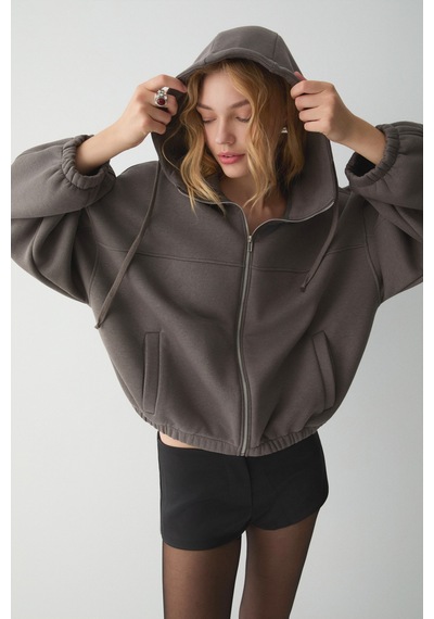 ETHIQUET VA IT Kadın Çift Cepli Eteği Ve Kol Ucu astikli Fermuarlı Oversize Gri Sweatshirt