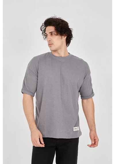 Unisex Jakar Kumaş Rahat Kol T-shirt - Gri 001