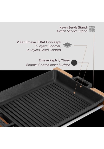 Lava Izgara Tavası Dikdörtgen Siyah Mat Ahşap Stand 26 X 32 Cm Eco
