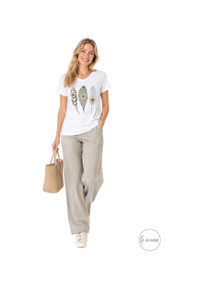 Cassime Kadın Siyah %100 Pamuk Regular/normal Kalıp Çiçek Nakışlı Örme T-shirt Beyaz