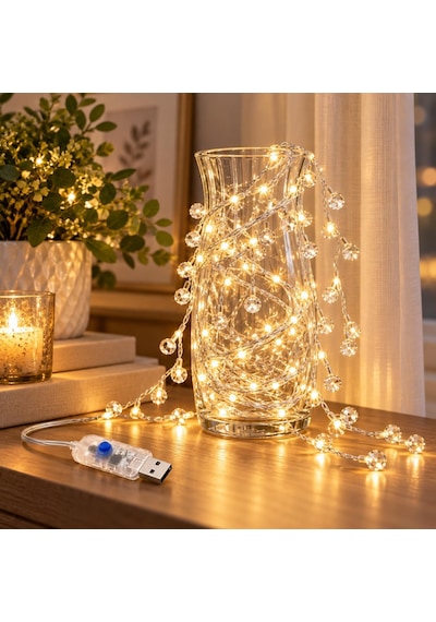 Peri 3x2 Metre Usb'li Kristal Boncuklu Dekoratif Led Işık Zinciri Sıcak Beyaz Perde Ve Oda Süsleme Işığı Diğer