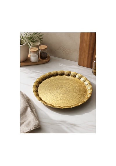 Gold Renk Motifli Sac Metal Yuvarlak Lüks Servis-tepsisi 35 Cm Sarı