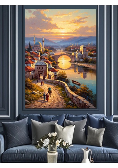 Gün Batımında Nehir Ve Şehir Dekoratif Kanvas - Mdf Ahşap Tablo