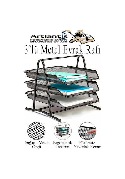 Siyah Metal Evrak Rafı 3 Lü Ve Masaüstü Kalemlik 3 Lü 1 Paket Masaüstü A4 Dosya 3 Katlı Düzenleyici Kağıt Tepsisi