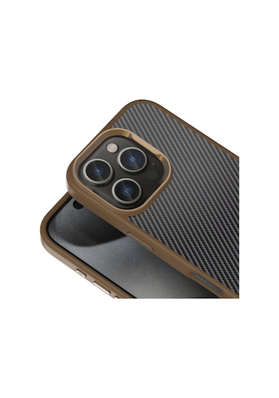 Apple Uyumlu iPhone 16 Pro Kılıf Karbon Fiber Görünümlü Parlak Kamera Çerçeveli Ven Rose Brown Rose Brown