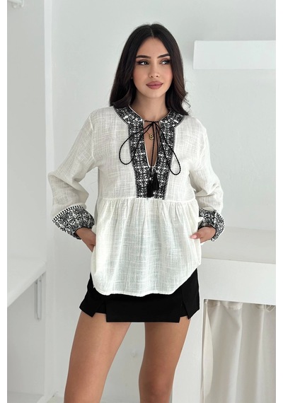 Asprin Fashion Etnik Desenli Bağlamalı Bluz Siyah Siyah