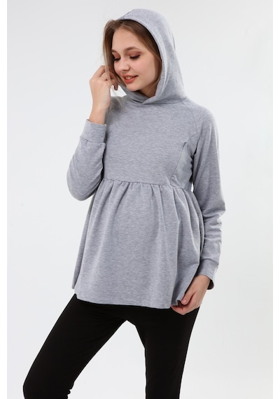 Luvmabelly Myra4530 Büzgülü Fermuarlı Emzirme Sweatshirt -Gri
