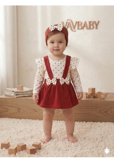 Kız Bebek Kırmızı Raporlu Jile Etek Ve Kalp Desenli Zıbın Body Takım Çok Renkli