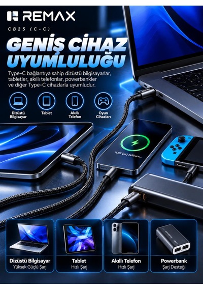 Remax Cb25 240w Pd Type-c To Type-c Örgülü Hızlı Şarj Ve Data Kablosu 1.2 Metre Siyah