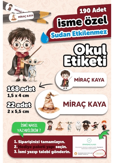 Okul Etiketi Kalem Defter İsimli Etiket Isim Yazılabilen Harry P - 190 Adet Özel Tasarım Okul Etiket Çok Renkli