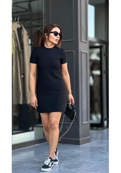 Siyah Tok Doku Kısa Kol Mini Elbise Siyah
