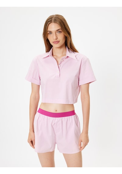 Koton Polo Yaka Crop Pijama Üstü Kısa Kollu Düğmeli Pamuklu Pembe 4slk50076mw Açık Pembe