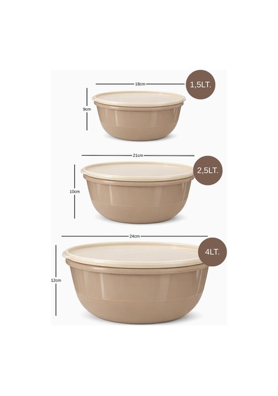 Ayza Model 3 Lü Yuvarlak Saklama Kabı Seti 1.5 Lt + 2.5 Lt + 4 Lt Kahverengi