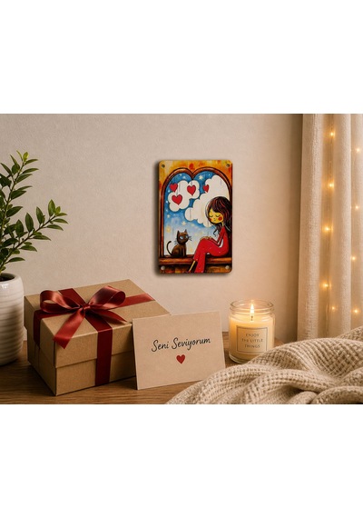 Upeka Kedi Ve Kız Şık Modern Tasarım Dekorasyon Metal Duvar Tablo 30cmx20cm