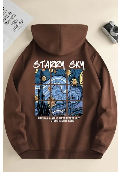 Uyguntarz Starry Sky Baskılı Unisex Oversize Sweatshirt Kahverengi