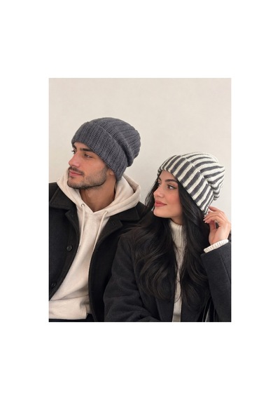 Nurera Design Kışlık Şapka/çift Sevgili Kombin 2'li Bere Gri Gri