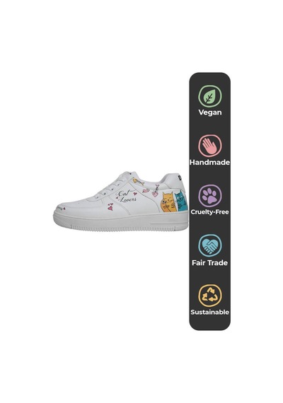 Kadın Vegan Deri Beyaz Sneakers - Cat Lovers Tasarım Çok Renkli