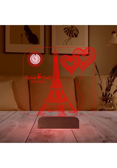 Luvivia Eyfel Kulesi Kalp Sevgiliye Hediye Kişiye Özel Metal Saatli 3d Lamba - Masa Gece Lambası