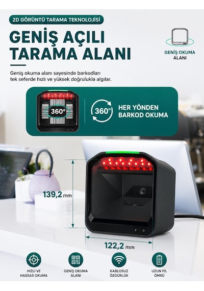 Netum Syble Xb-8807 2d 1d Qr Masaüstü Barkod Okuyucu Usb Kablolu Giriş