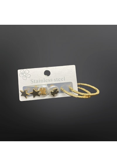 9072412610567 - Yıldız Ve Ay Figürlü Altın Renk Halka Model 316l Çelik Кüpе Takımı - Şık Ve Zarif Gold