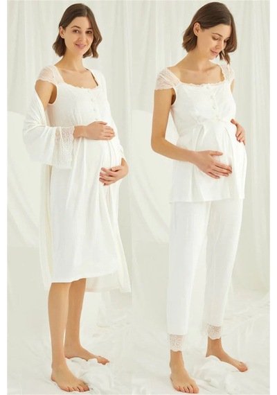 Monamise 18202303 Kadın Ekru Hamile Lohusa Seti Sabahlık Gecelik Pijama Takım