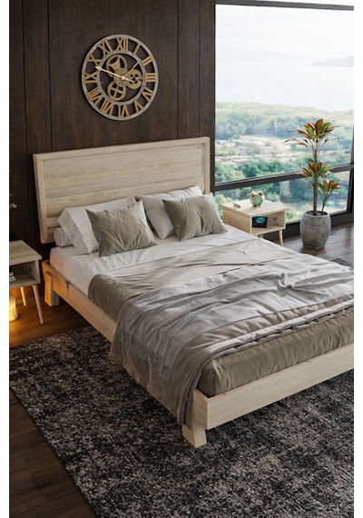 Hüma Yatay Başlıklı Masif Ahşap Karyola Vernik 90x190
