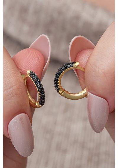 Nereze 925 Ayar Gümüş Gold Kaplama Siyah Taşlı 15 Mm Halka Küpe