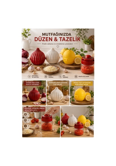 Porsima 4471 4'lü Mutfak Düzenleyici Seti Soğan, Sarımsak, Limon Saklama Kabı Ve 300 Ml Hazneli Rende Çok Renkli