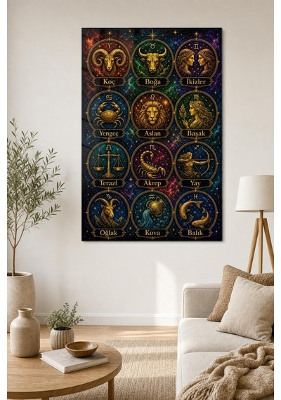 Burçlar Desenli Baskılı Cam Tablo Uv Baskı Astroloji Dekoratif Duvar Tablosu
