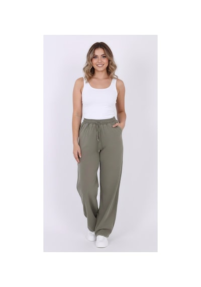 Myrab Denim Kadın Mavi Baggy Keten Pantolon Lastikli Bel Bağcıklı Rahat Geniş Paça Yazlık Pantolon Çağla Yeşili
