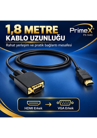 Primex Px-1440 1.8 Metre Hdmı To Vga Görüntü Kablosu, Hdmı Çıkıştan Vga Monitör Projeksiyona Dö Belirtilmemiş