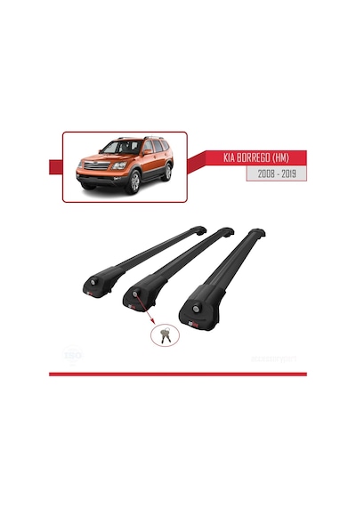 Kia Borrego Hm 2008-2019 Arası İle Uyumlu Ace-1 Ara Atkı Tavan Barı Siyah 3 Adet Bar