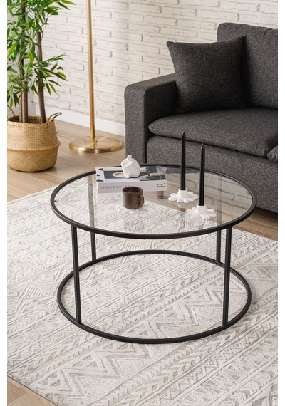 Berlin Orta Sehpa 80 Cm Yuvarlak Şeffaf Camlı Sehpa